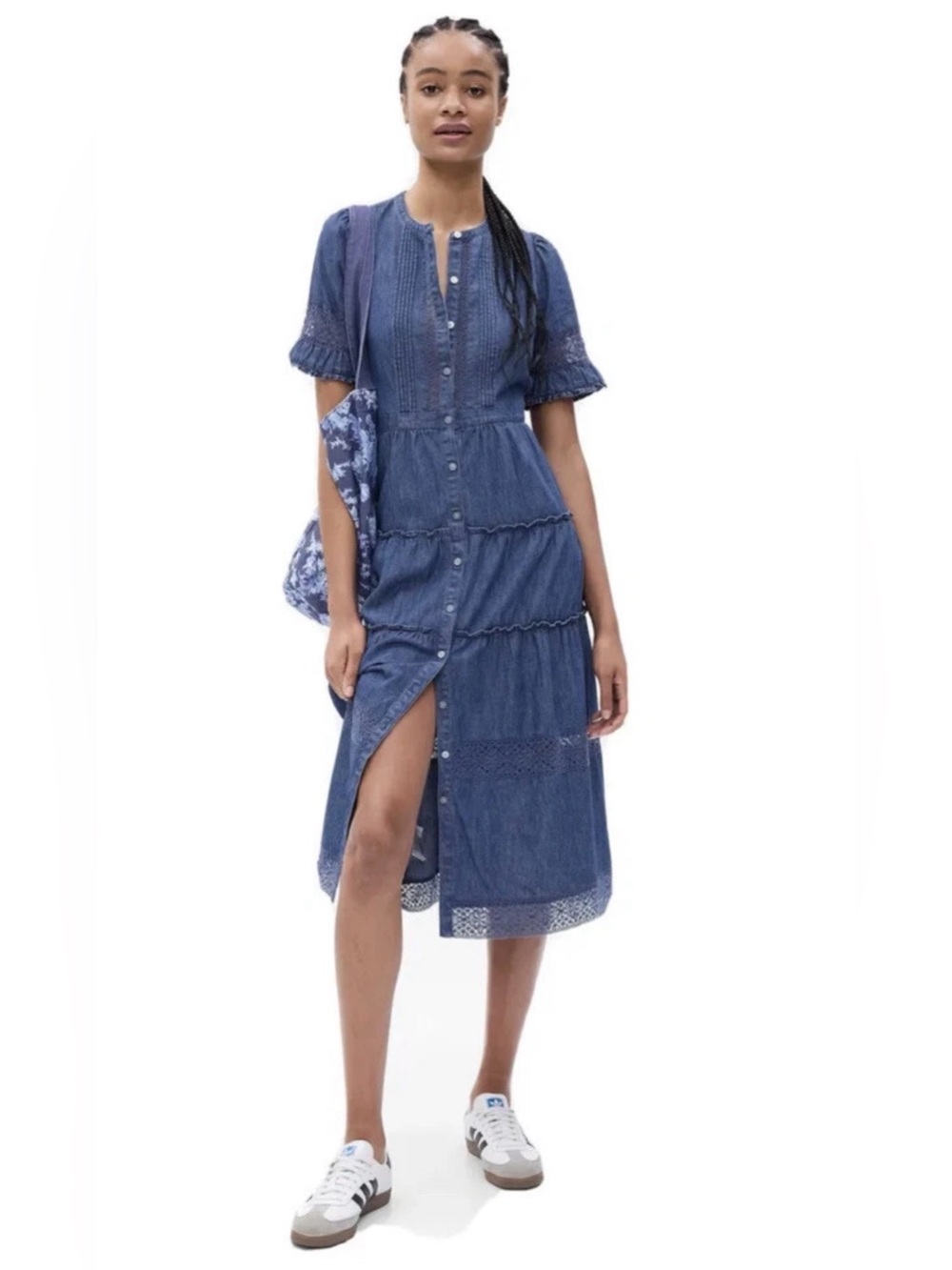 LoveShackFancy Indigo Blue Tiered Button Midi Dress